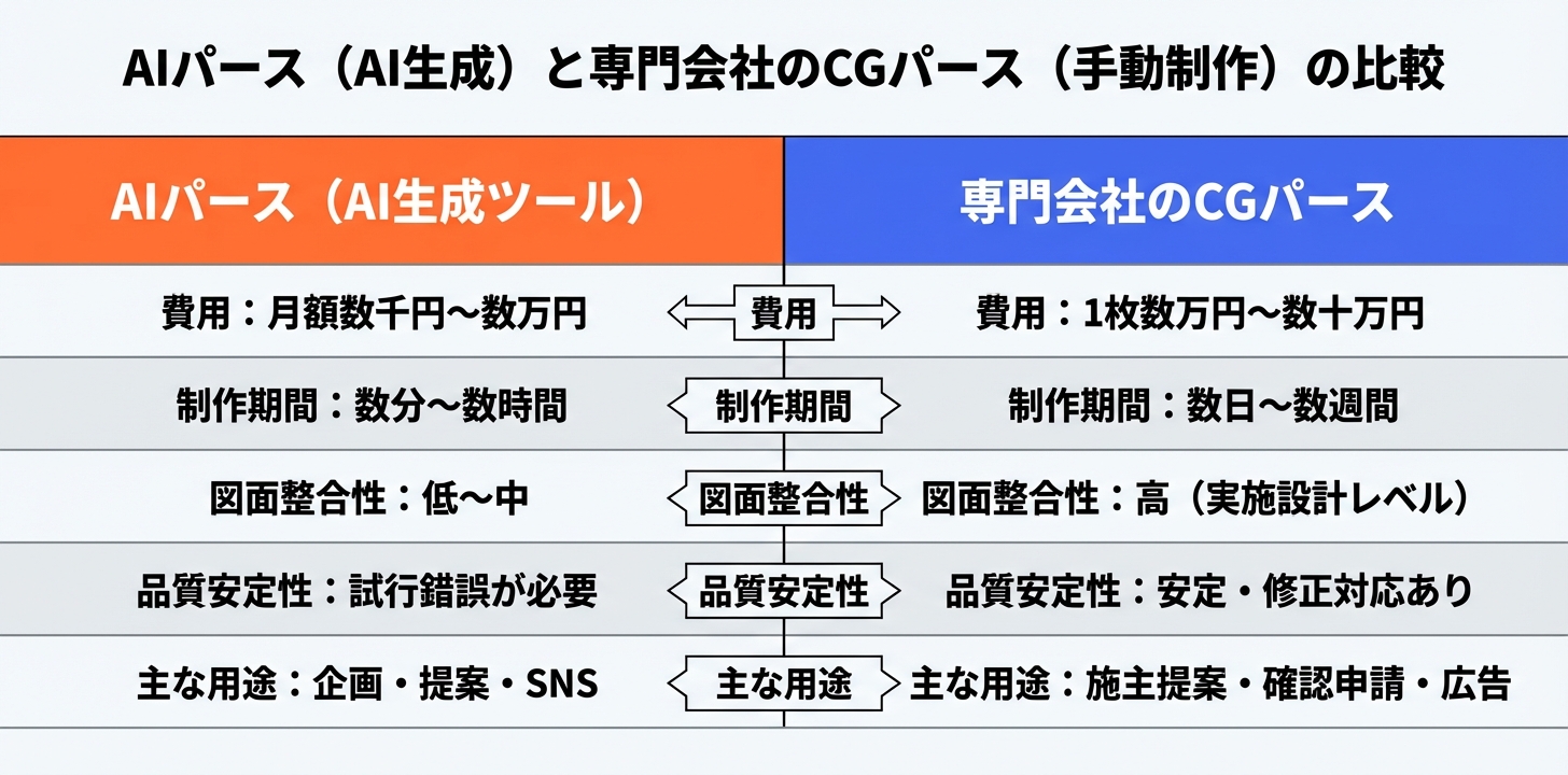 AIパースと専門会社制作のCGパースの費用・品質・用途を比較した一覧表