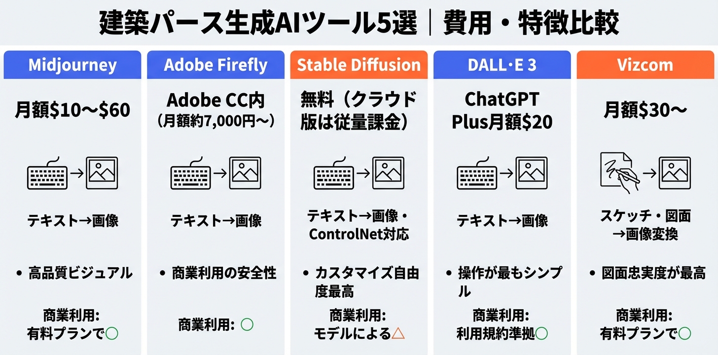 建築パース生成AIツール5選の月額費用・生成方式・商業利用可否を比較した図