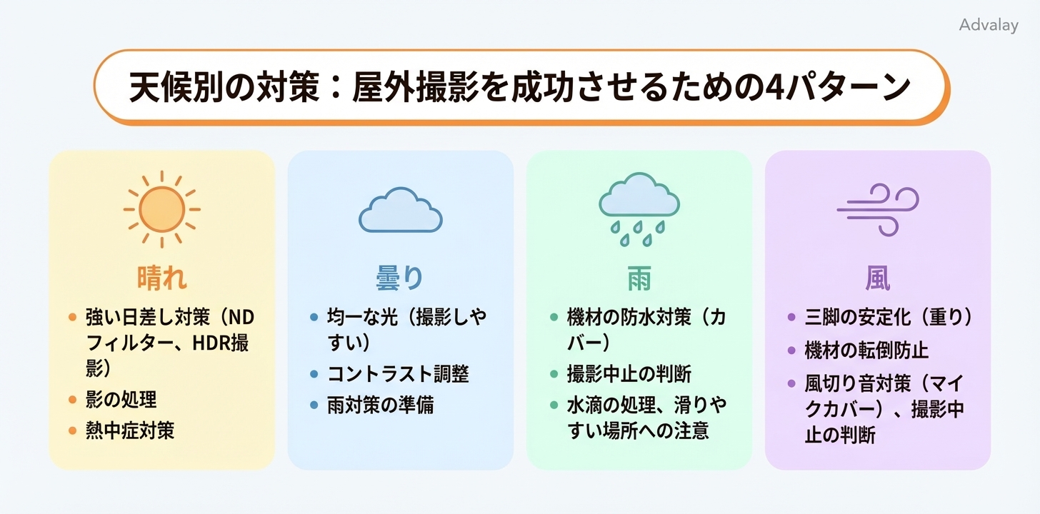屋外バーチャルツアー撮影における晴れ、曇り、雨、風の4つの天候パターンごとの対策をまとめたインフォグラフィック