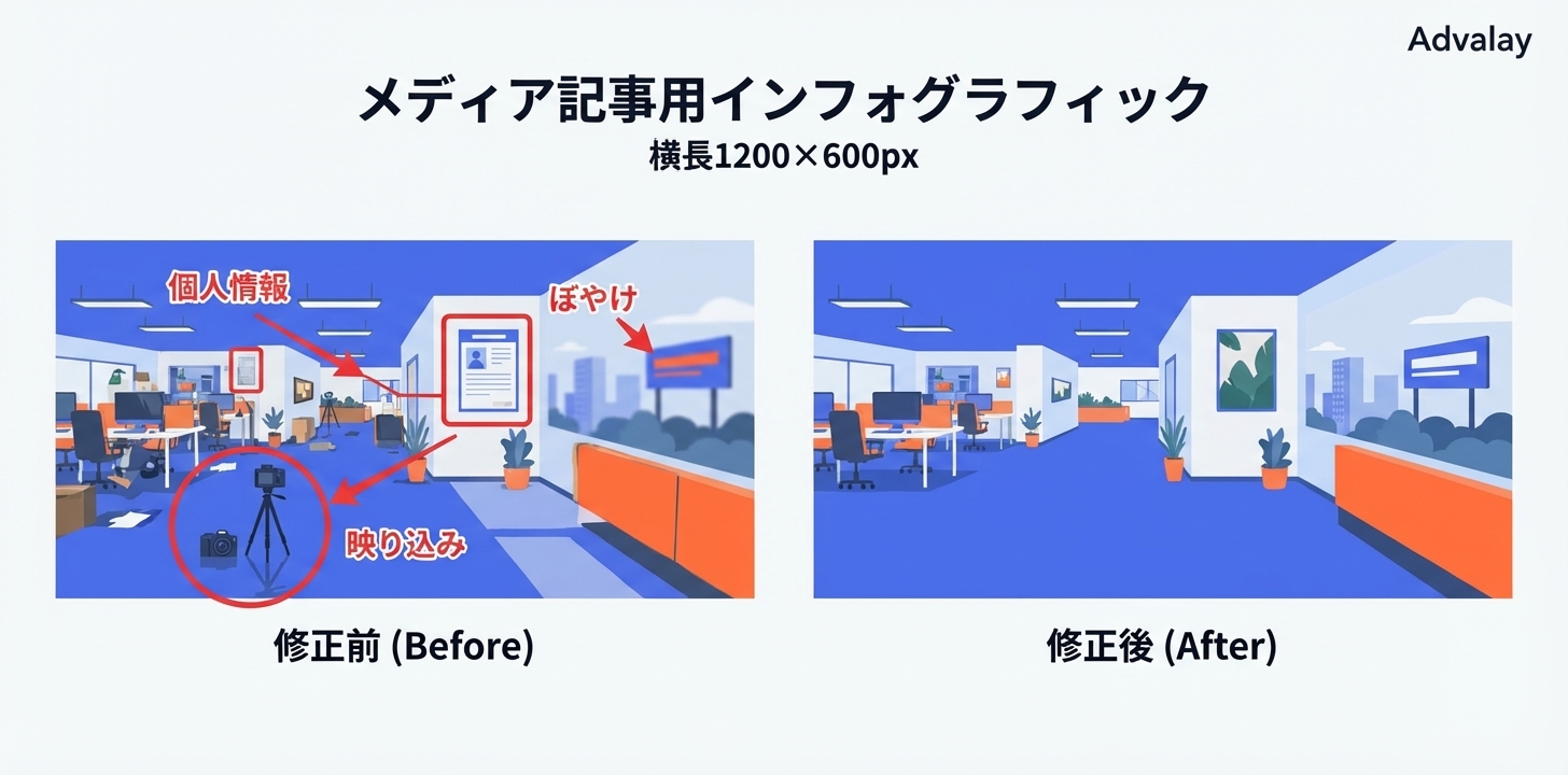バーチャルツアー画像の修正前と修正後の比較。カメラの映り込みやぼかしが修正され、クリアになった様子を示す。