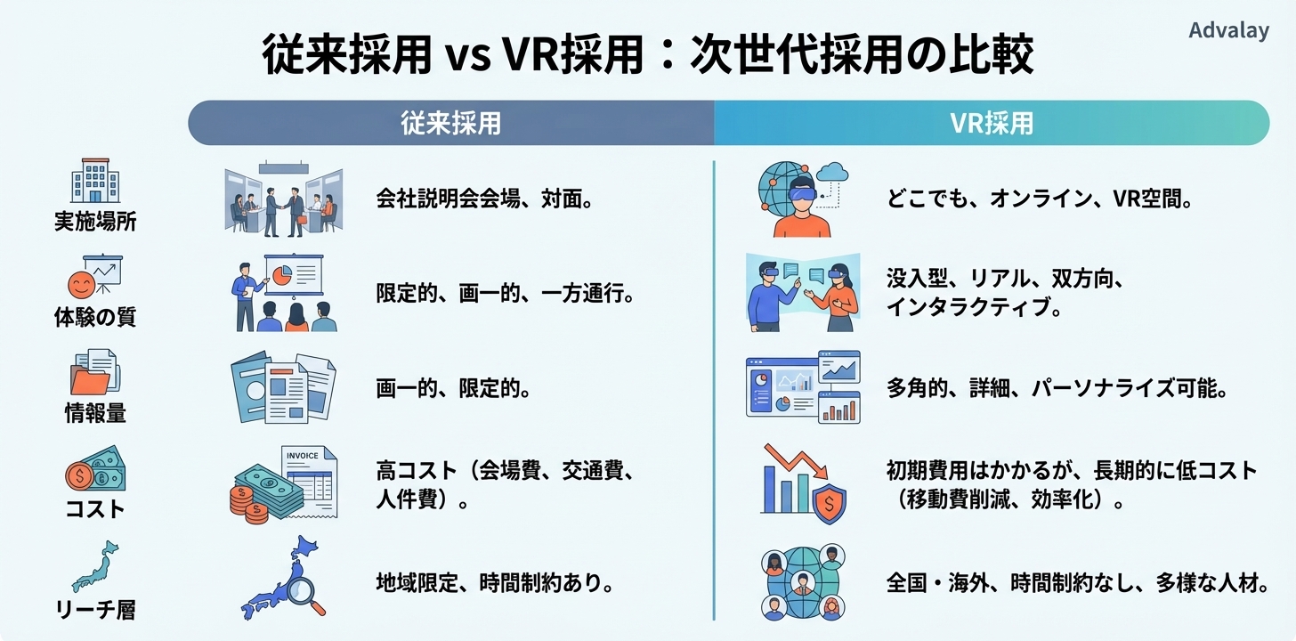 従来採用とVR採用の比較表。実施場所、体験の質、情報量、コスト、リーチ層の5項目で比較し、VR採用の優位性を示すインフォグラフィック。