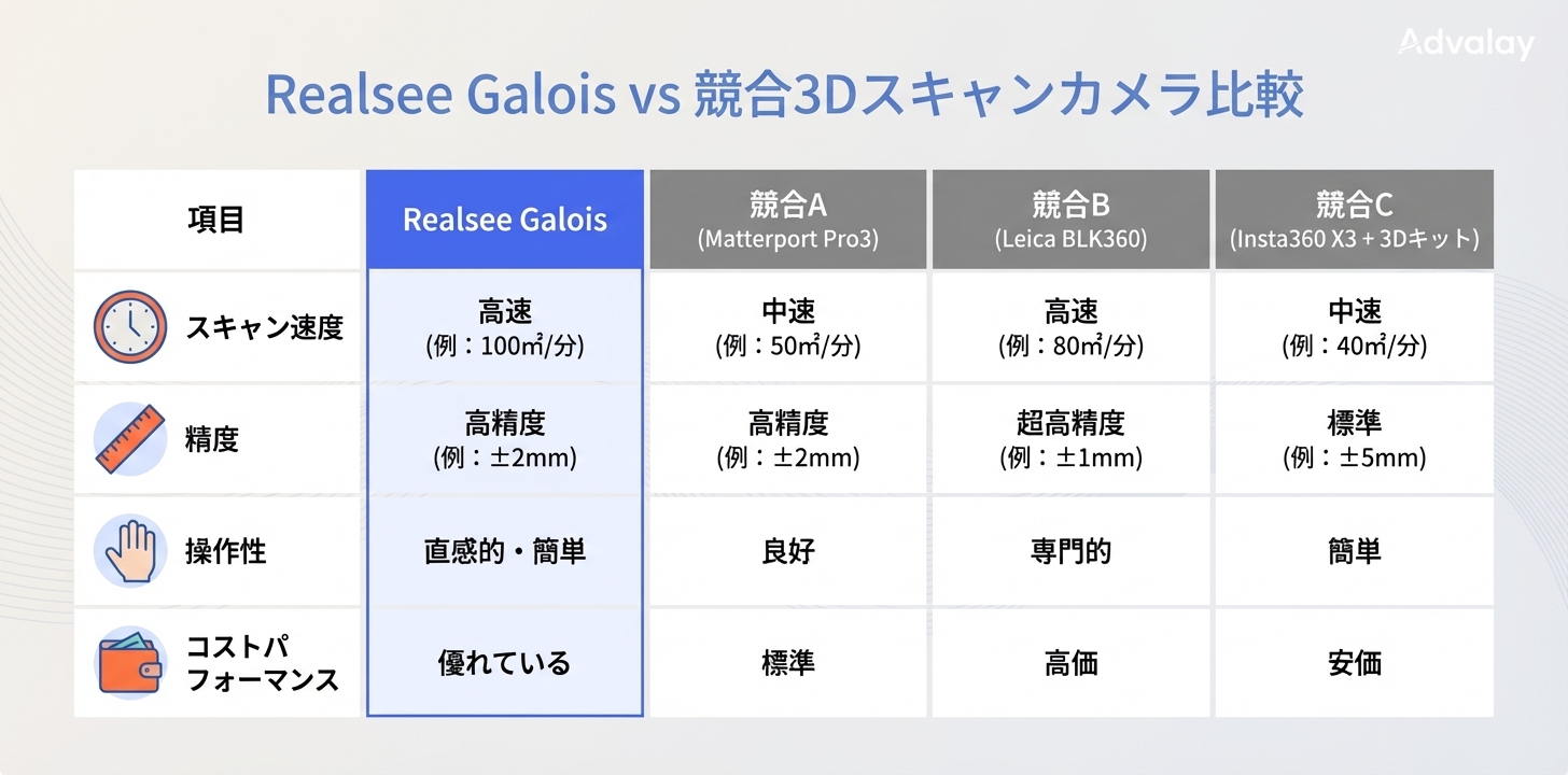 Realsee Galoisと競合他社3Dスキャンカメラの主要4項目比較表