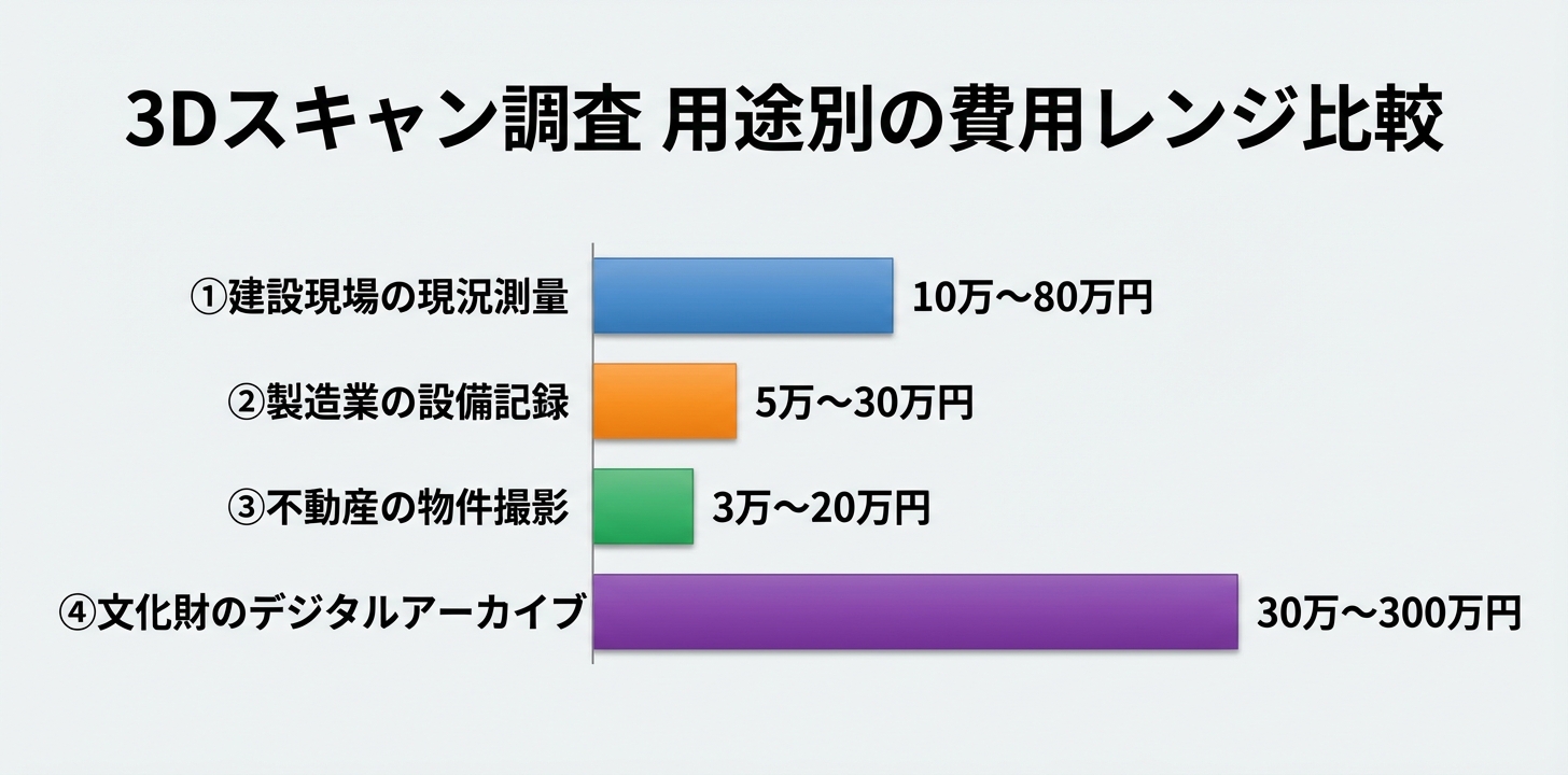 3Dスキャン調査の用途別費用レンジを比較した横棒グラフ。建設10万〜80万円、製造業5万〜30万円、不動産3万〜20万円、文化財30万〜300万円