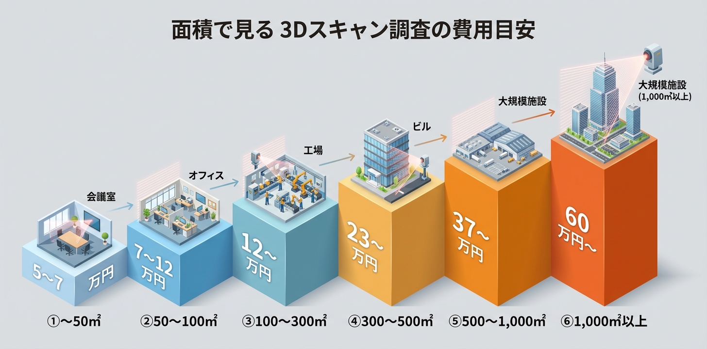 3Dスキャン調査の面積別費用シミュレーション。50㎡で5〜7万円から、1,000㎡以上で60万円〜までの段階的な費用目安