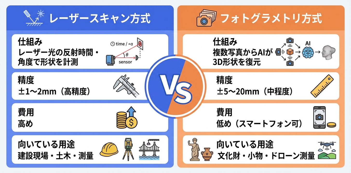 3Dスキャンの2つのデータ取得方式(レーザースキャン・フォトグラメトリ)を仕組み・精度・費用・用途で比較した図