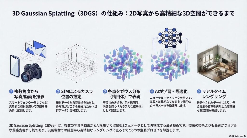 3D Gaussian Splattingの仕組みを5ステップで図解。撮影からSfMによるカメラ位置推定、ガウス分布での空間表現、AIの学習・最適化を経てリアルタイムレンダリングで3D空間が完成する流れ