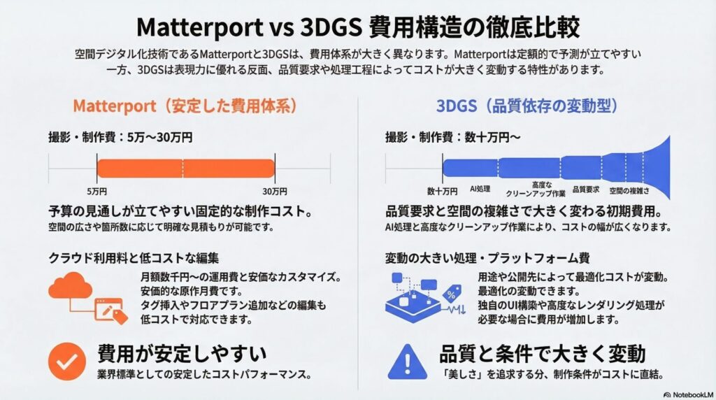 3DGSとMatterportの費用構造を比較した図。Matterportは撮影・制作費5万〜30万円で安定した費用体系、3DGSは品質要求と空間の複雑さにより費用が大きく変動