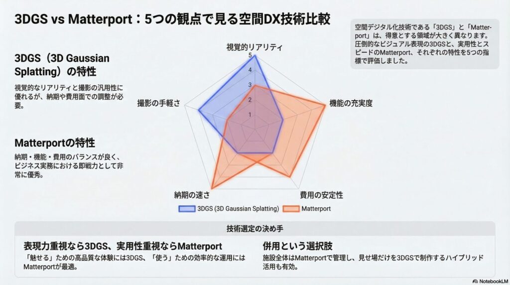 DGSとMatterportを撮影の手軽さ・納期・視点の自由度・機能充実度・費用安定性の5観点で比較したレーダーチャート。3DGSは視点の自由度が突出、Matterportは納期・機能・費用で優位