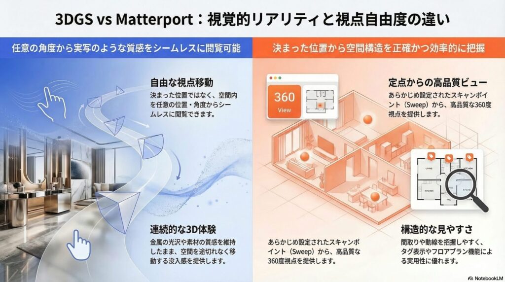 3DGSとMatterportの用途別おすすめ度を比較したマトリクス。自由な視点が必要な高級不動産内覧やEC展示は3DGSが最適、定点ベースで効率的な建設現場記録や採用見学はMatterportが最適