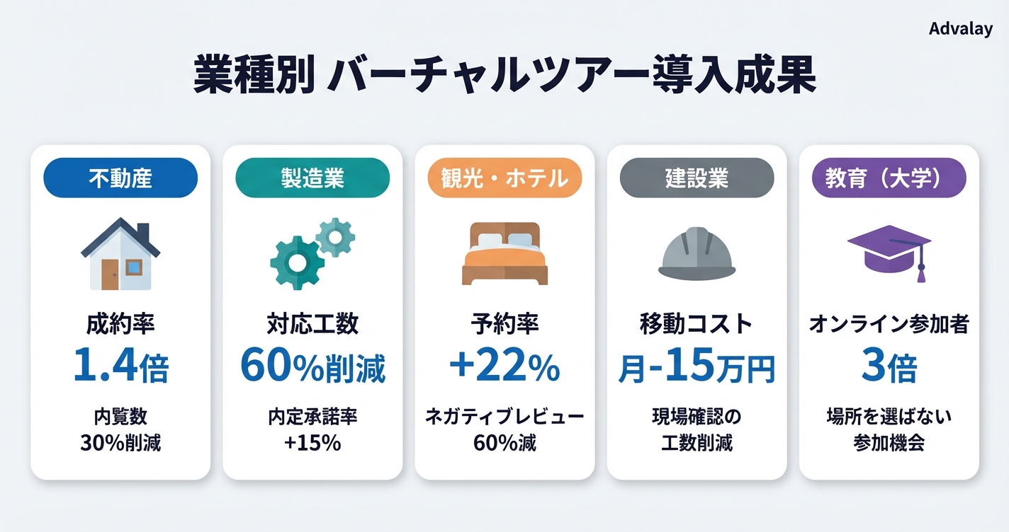 バーチャルツアー業種別導入事例5選：不動産・製造業・観光・建設・教育の成果数値一覧