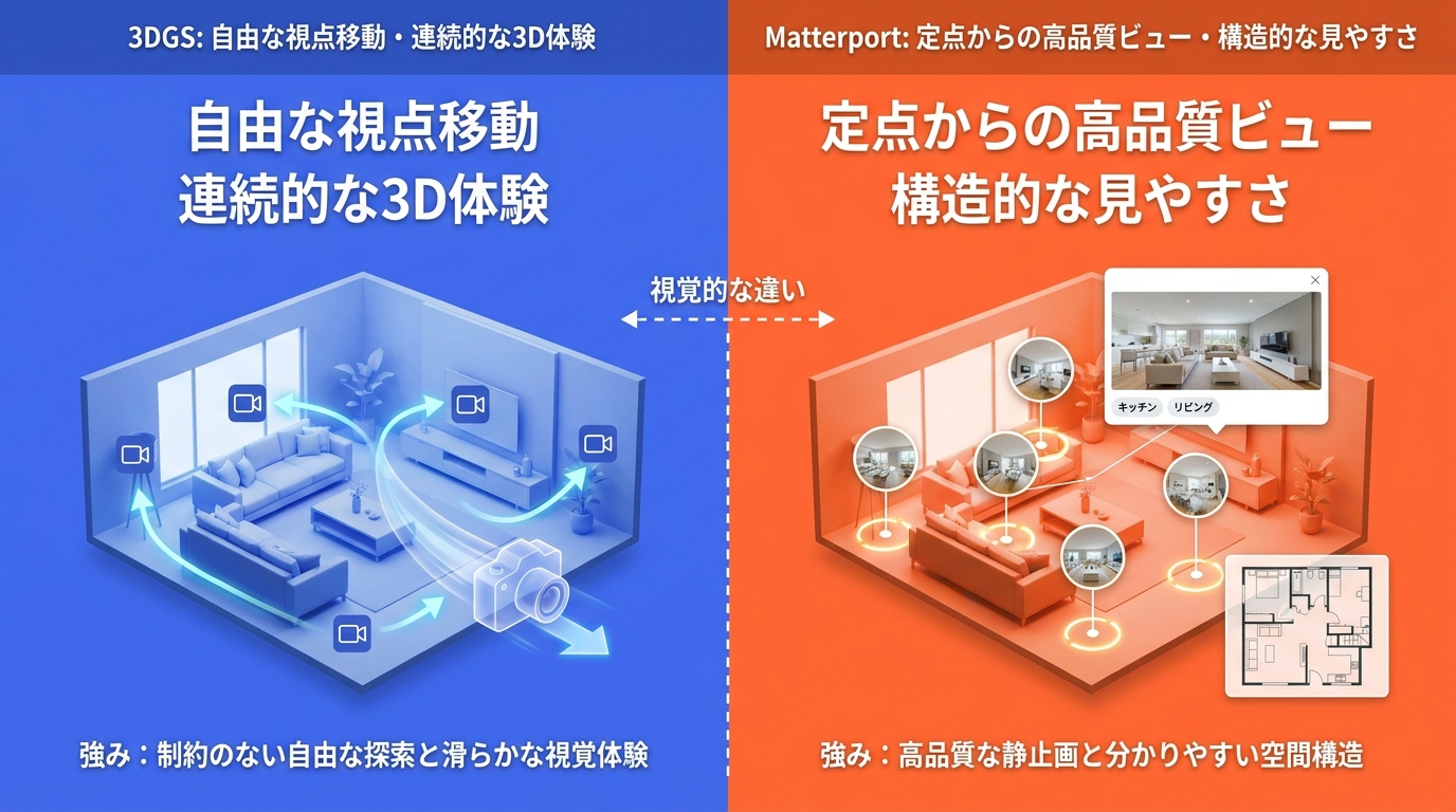 3DGSとMatterportの視覚的な違いを2分割で比較。3DGSは自由な視点移動と連続的な3D体験が強み、Matterportは定点からの高品質ビューと構造的な見やすさが強み