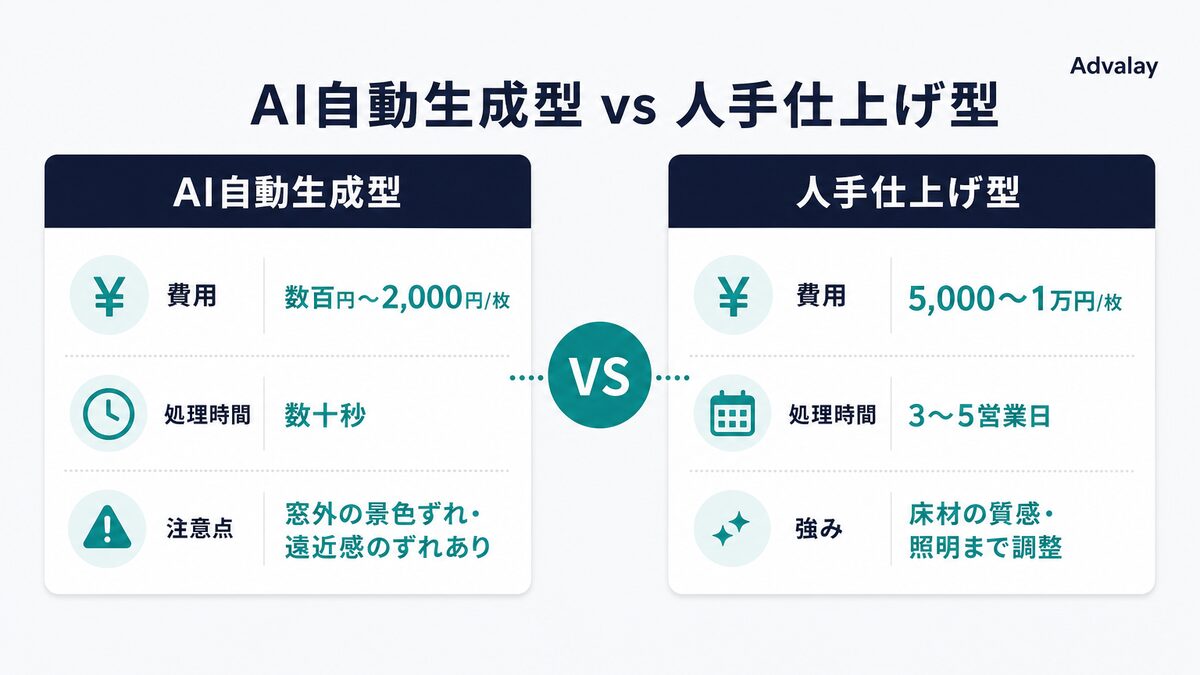 バーチャルステージングのAI自動生成型と人手仕上げ型の費用・処理時間・品質の違い