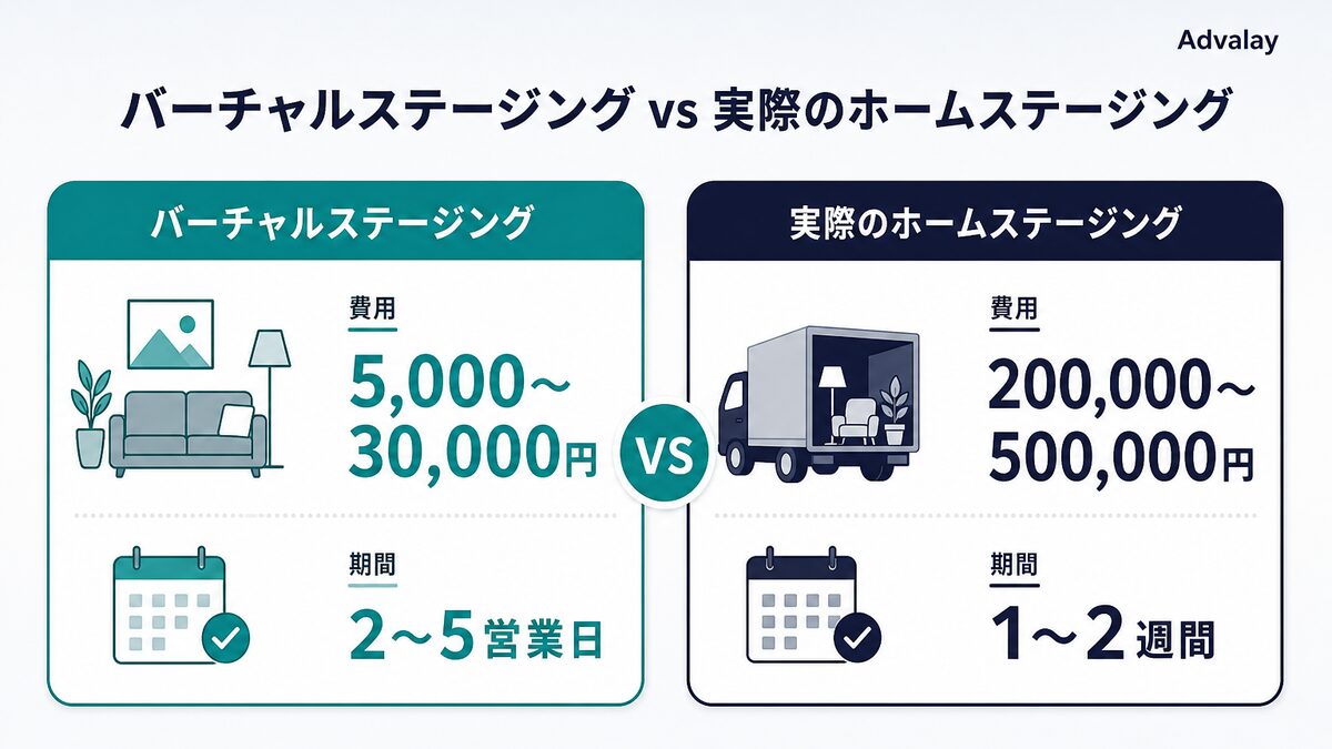 バーチャルステージングと実際のホームステージングの費用・期間比較表