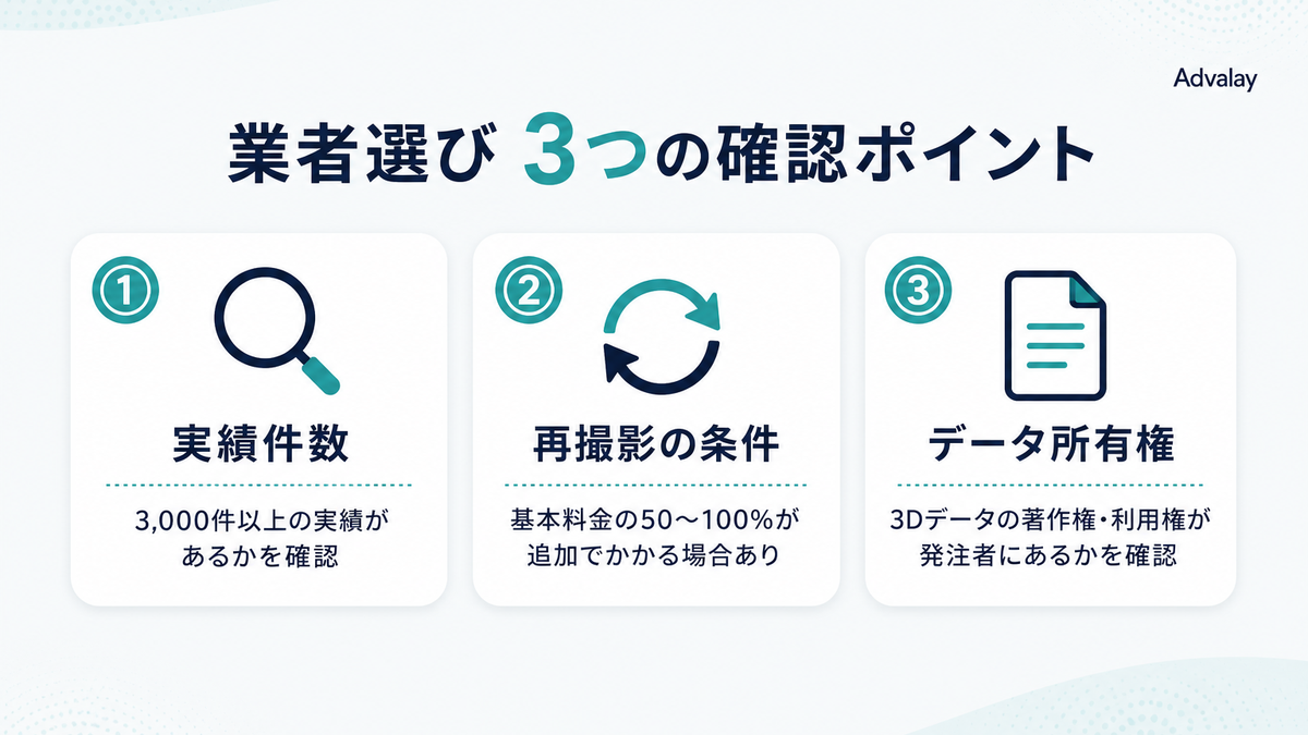 3Dバーチャルツアー撮影代行の業者選びで確認すべき3つのポイントを示すインフォグラフィック